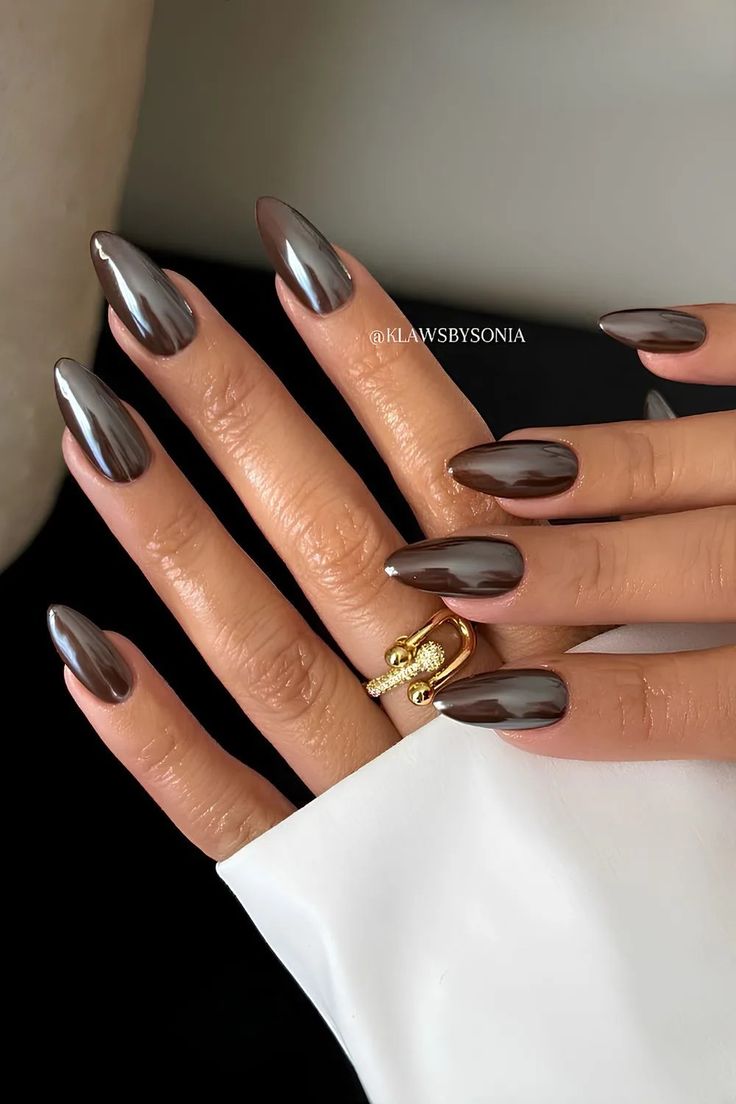 Espresso brown nails with glazed chrome finish