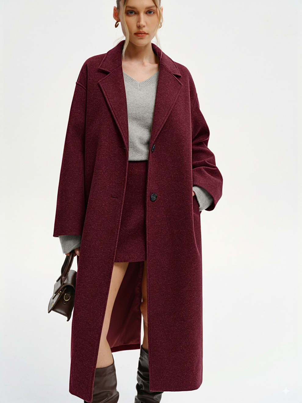 Long burgundy wool coat with grey knit sweater and burgundy mini skirt