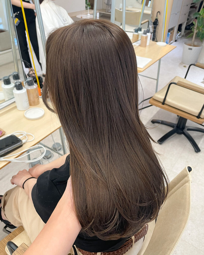 Long straight ash brown hair photographed from behind in a salon