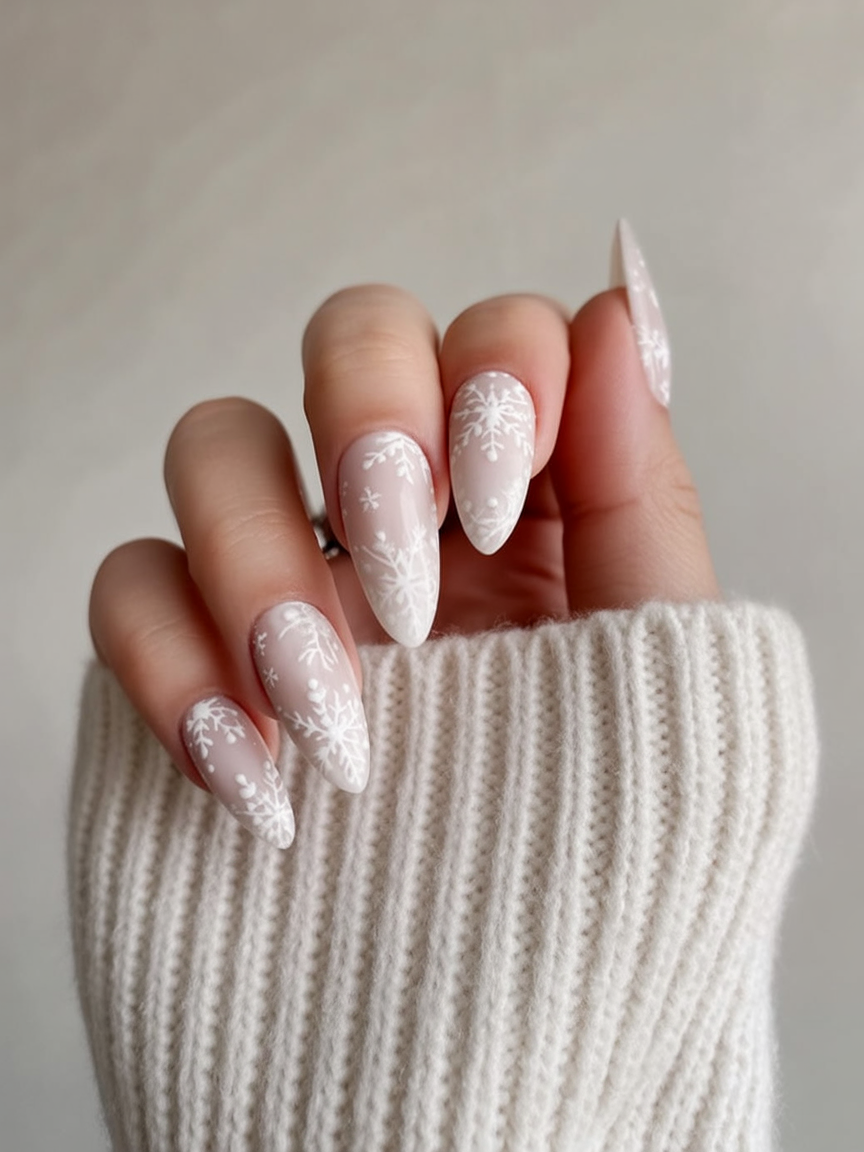 Ivory almond nails with delicate snowflake nail art