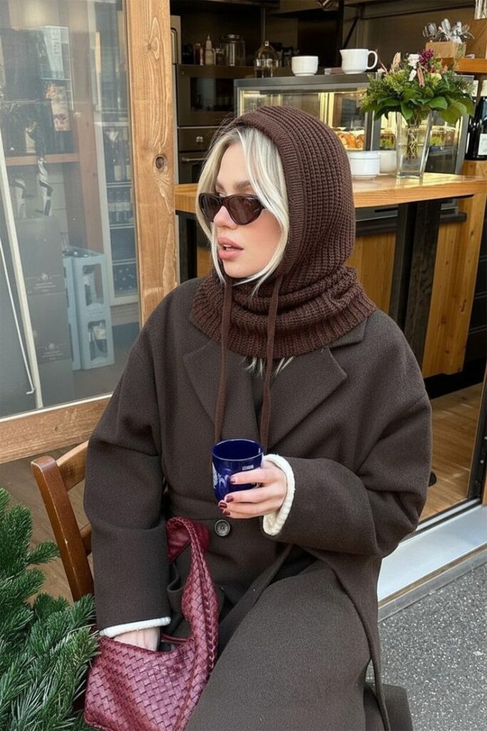Woman wearing a knit balaclava hood with a long wool coat