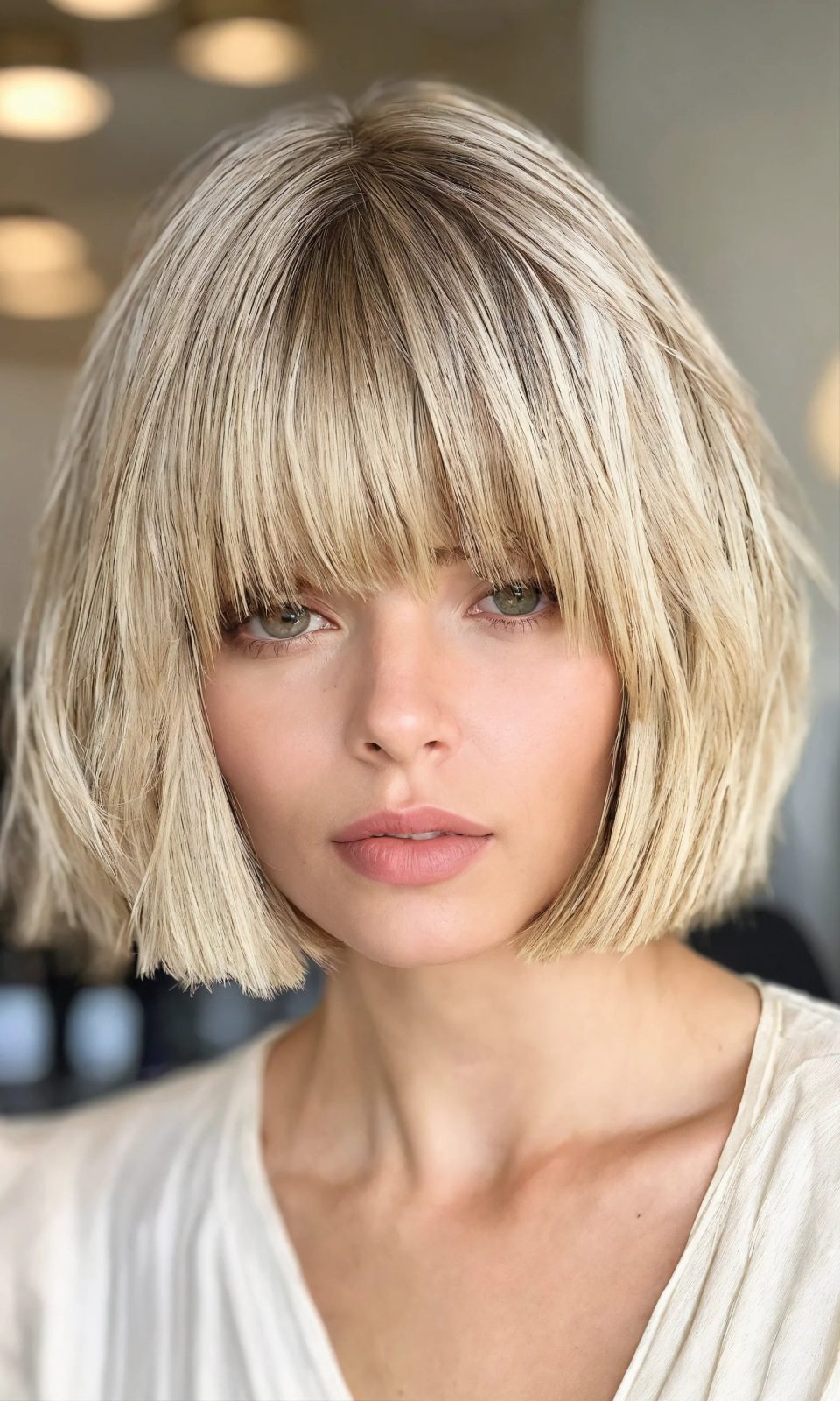Beige blonde chin-length bob with soft full bangs