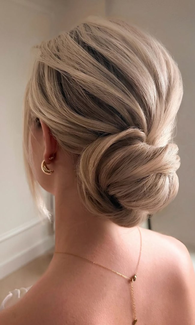 Beige blonde twisted low bun viewed from the back