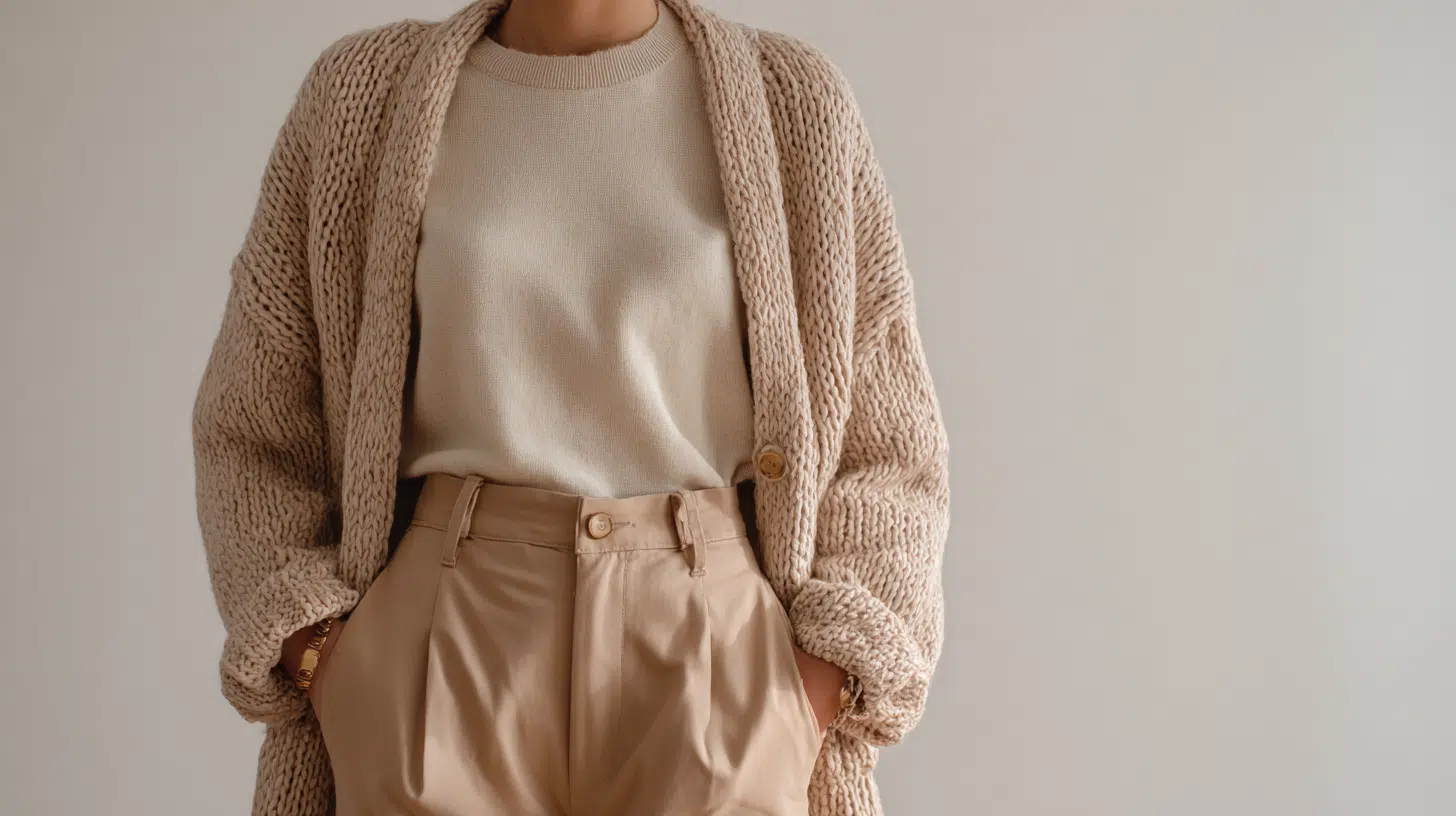 Woman wearing an oatmeal chunky knit longline cardigan over a cream sweater with beige pleated trousers