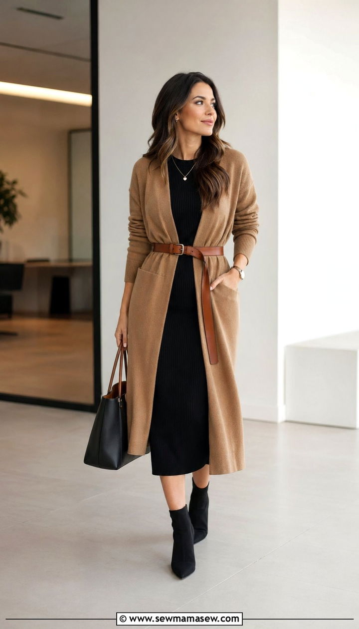 Woman wearing a belted long cardigan over a midi dress
