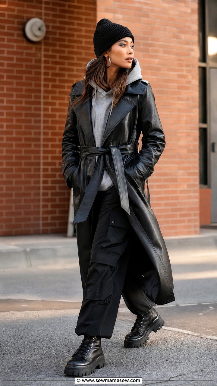 Black belted faux leather trench over a grey hoodie with black beanie and chunky boots