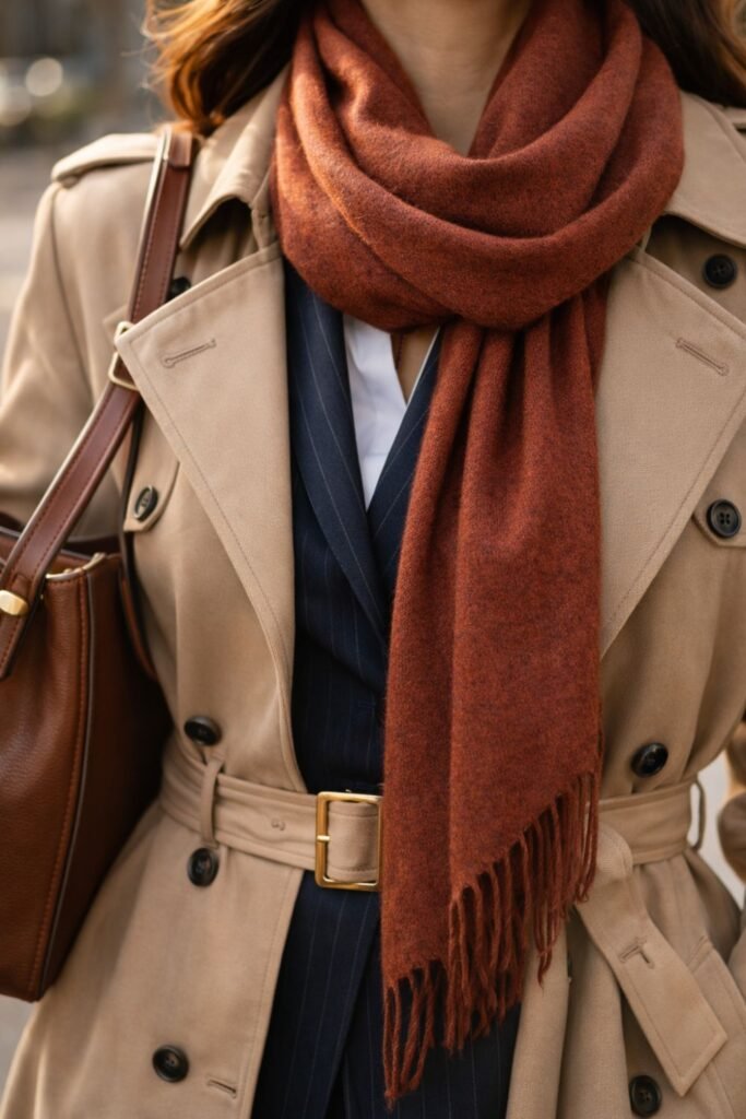 Close-up of a woman wearing a beige trench coat, a rust-colored scarf and a navy pinstripe suit with a white shirt