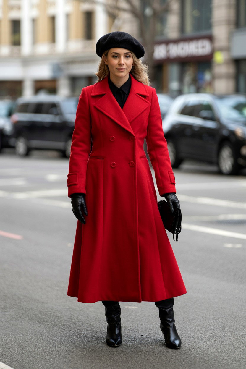 Woman in a red coat and black beret with ankle boots