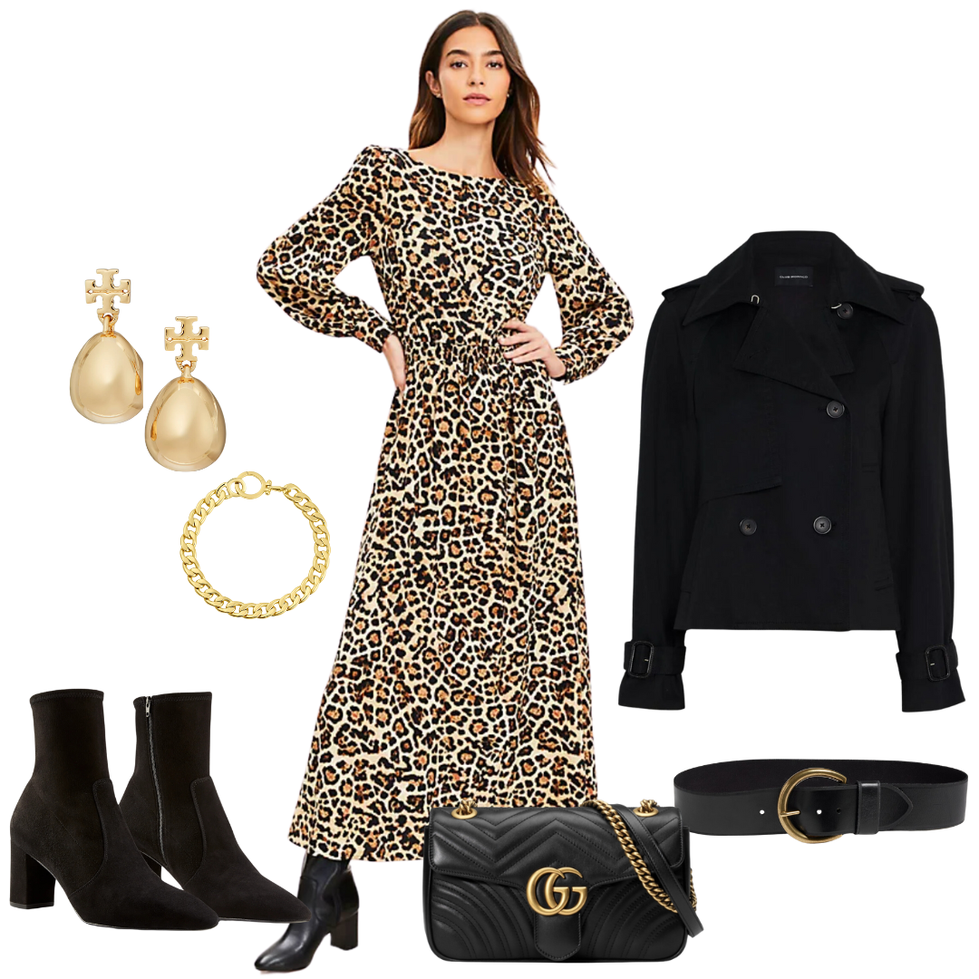 Flat-lay of black suede ankle boots with a leopard midi dress, black cropped jacket, quilted bag and gold jewelry