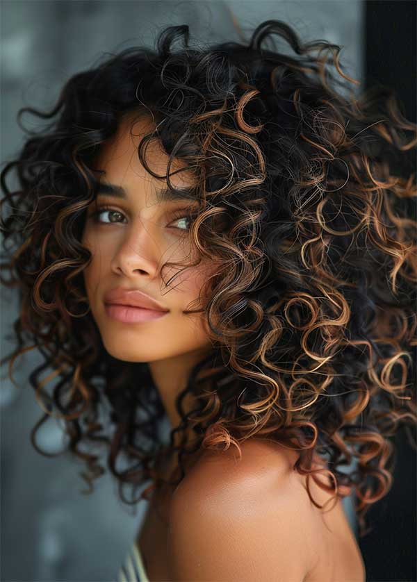Black curly hair with golden blonde highlights