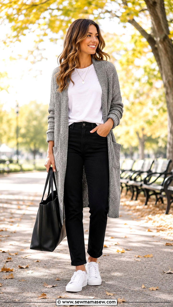 Woman wearing a long grey cardigan over a white tee with black jeans and white sneakers