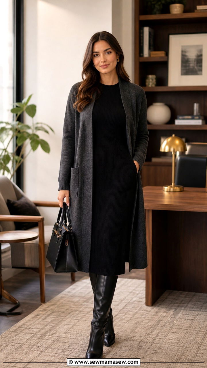 Woman in a long charcoal cardigan over a black knit midi dress with knee-high boots