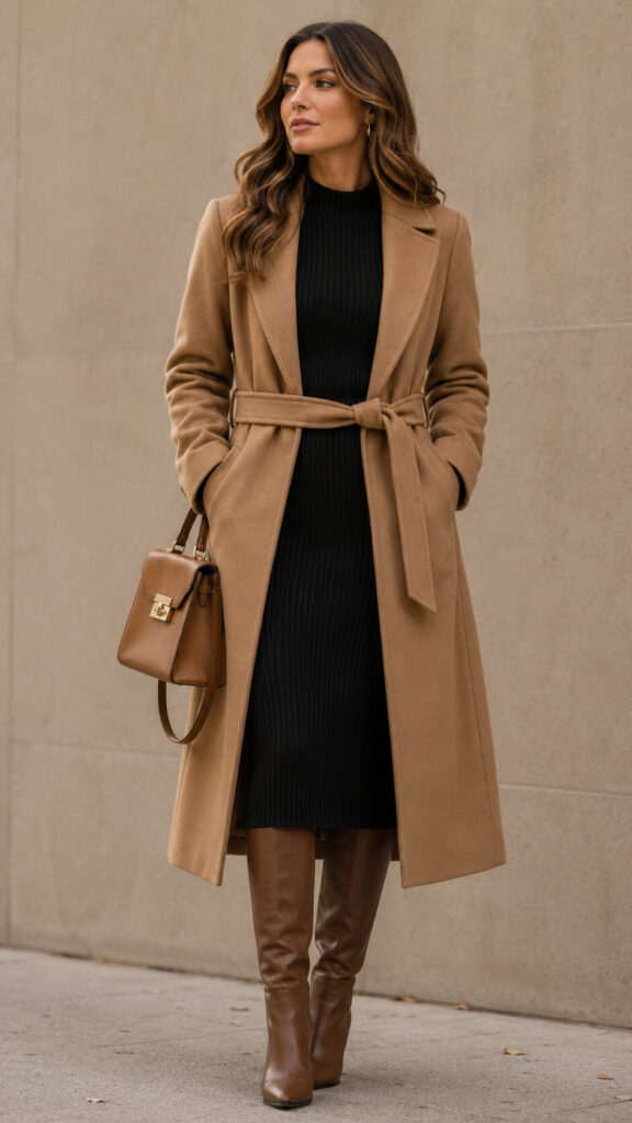 Woman in a camel belted wrap coat over a black ribbed midi dress with tan knee-high boots