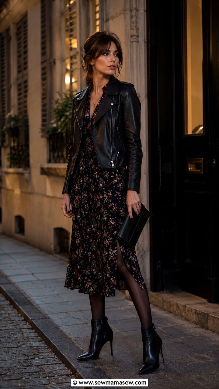 Dark floral midi dress styled with a black leather jacket and heeled ankle boots
