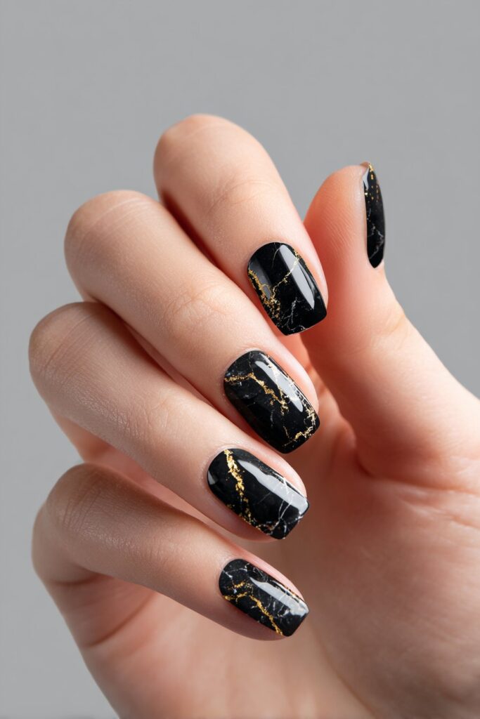 Short squoval black marble nails with gold veining