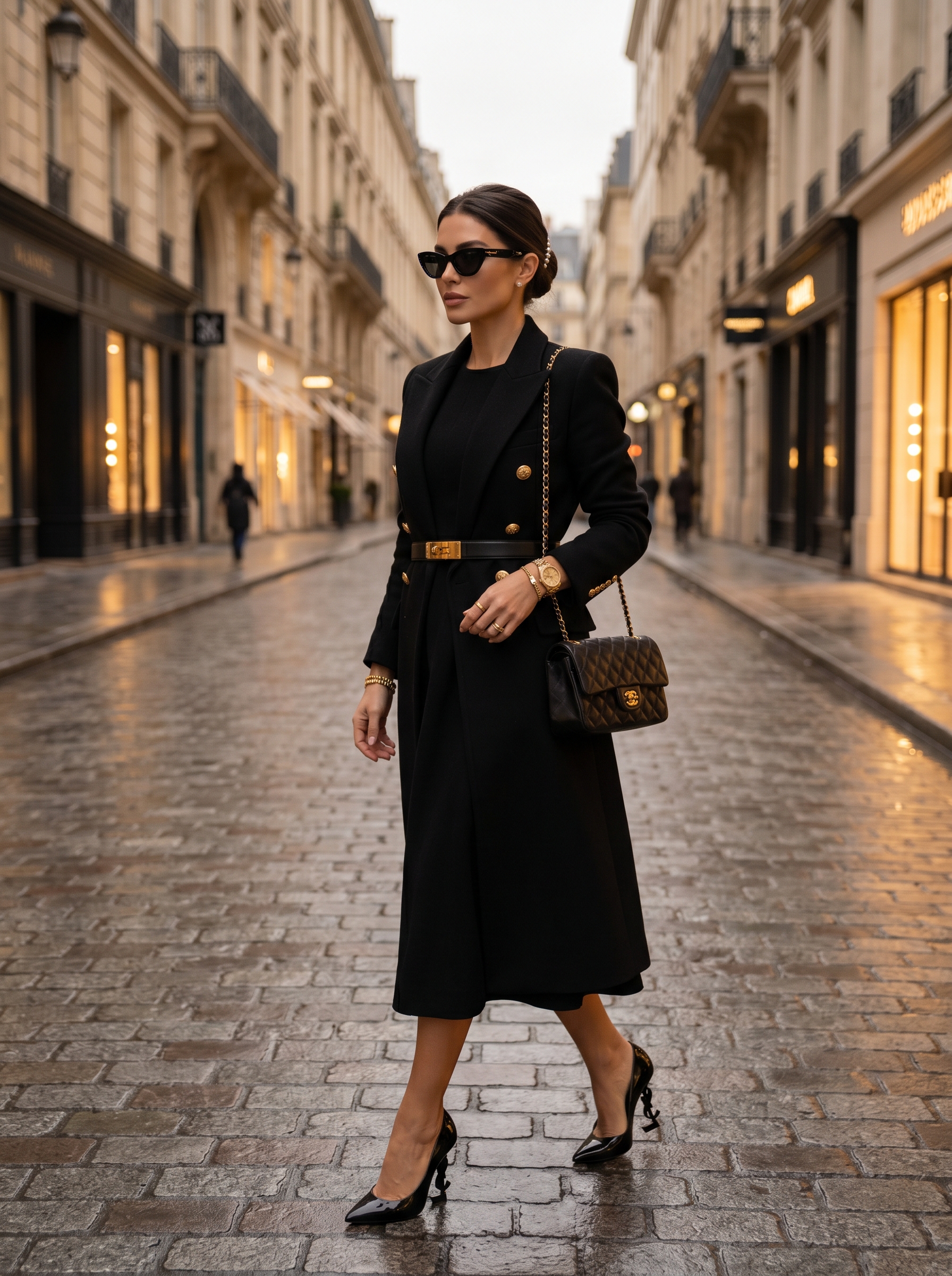 Woman wearing an all-black winter outfit with gold jewelry