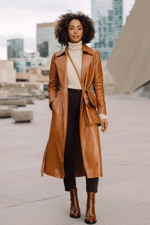 Cognac leather trench coat over a cream ribbed knit turtleneck with tailored dark trousers