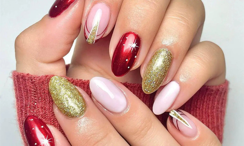Red and gold foil Christmas nail design