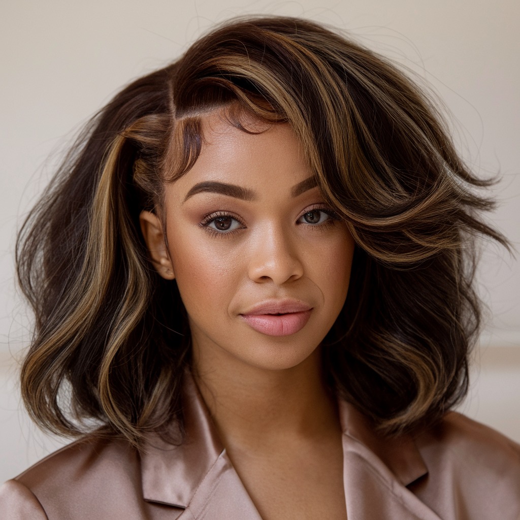 Voluminous blowout hairstyle with deep side part