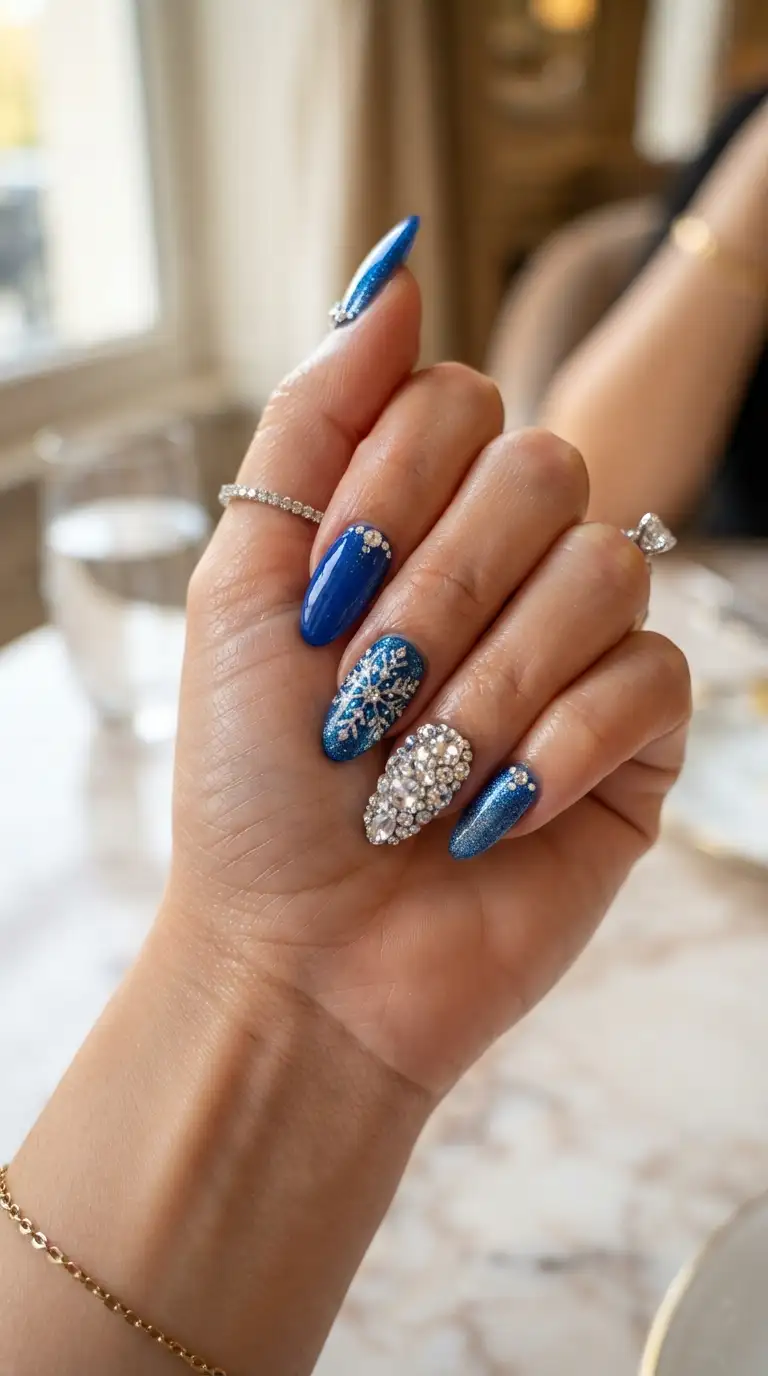 Medium almond nails in royal blue with snowflake art and one nail fully covered in clear rhinestones