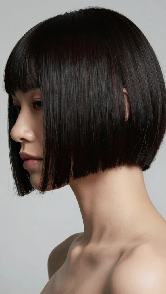Blunt black bob haircut with short micro bangs