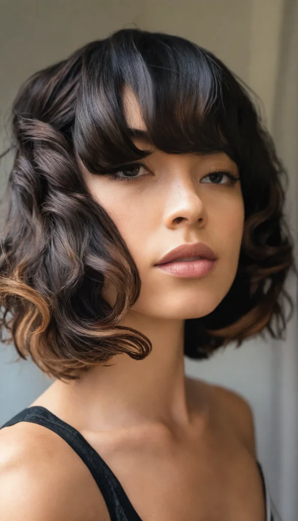 Chin-length curly bob with a side-swept fringe