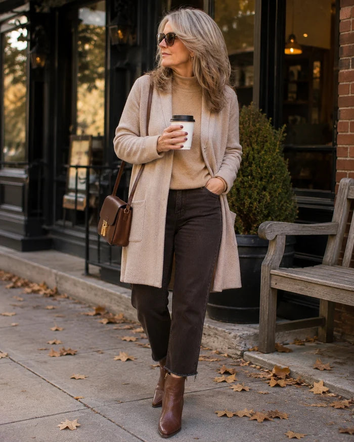 Woman in an oatmeal long coat, tan turtleneck, dark brown trousers and cognac ankle boots