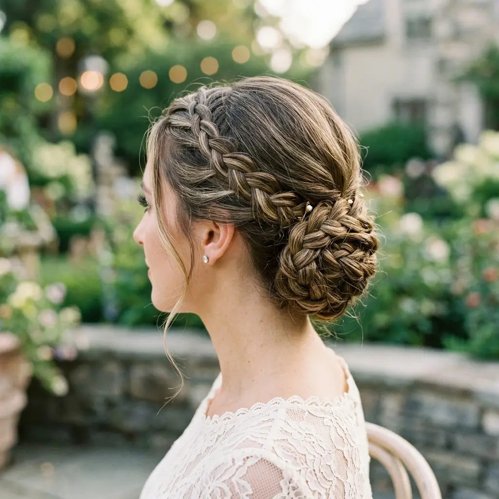 A low chignon built from woven braids