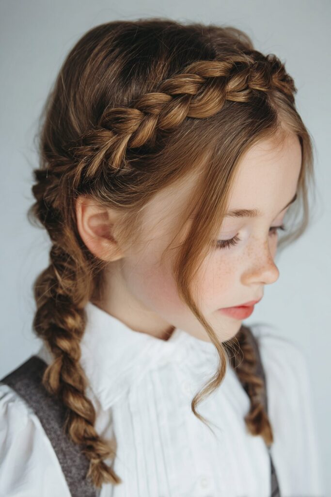 Young girl with a braided crown headband braid across her head and two braids at the sides