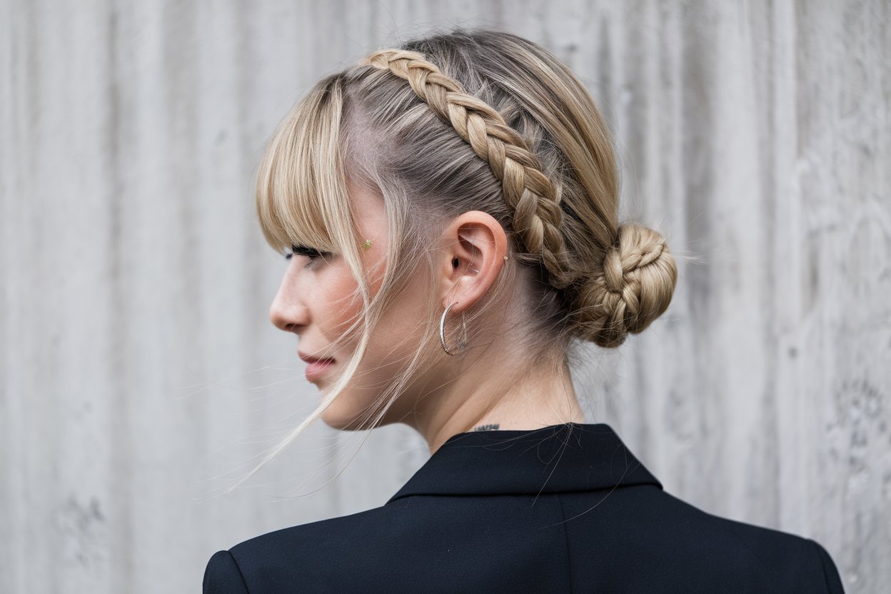 Braided crown with straight-across bangs and low bun