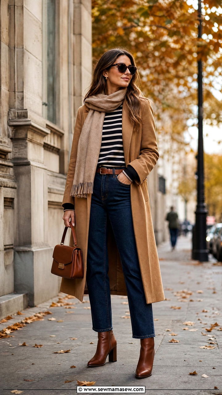 Woman in a camel coat over a breton striped top and dark-wash straight-leg jeans with brown boots