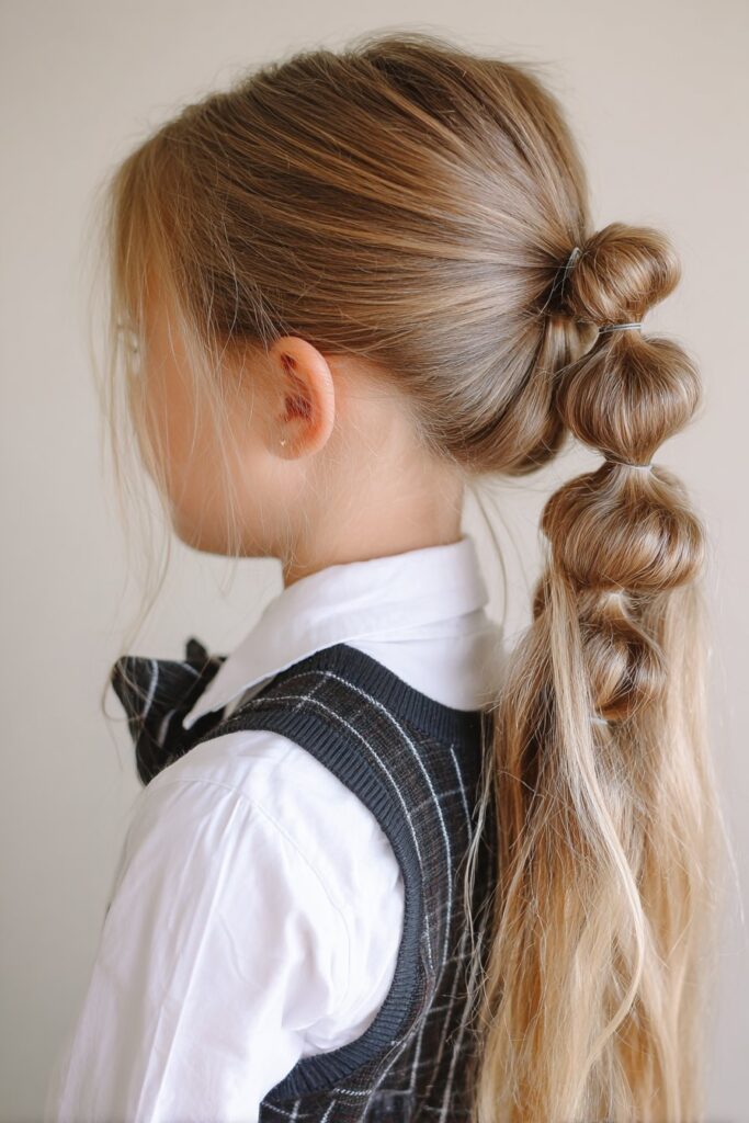 Side view of a young girl with a high bubble braid ponytail