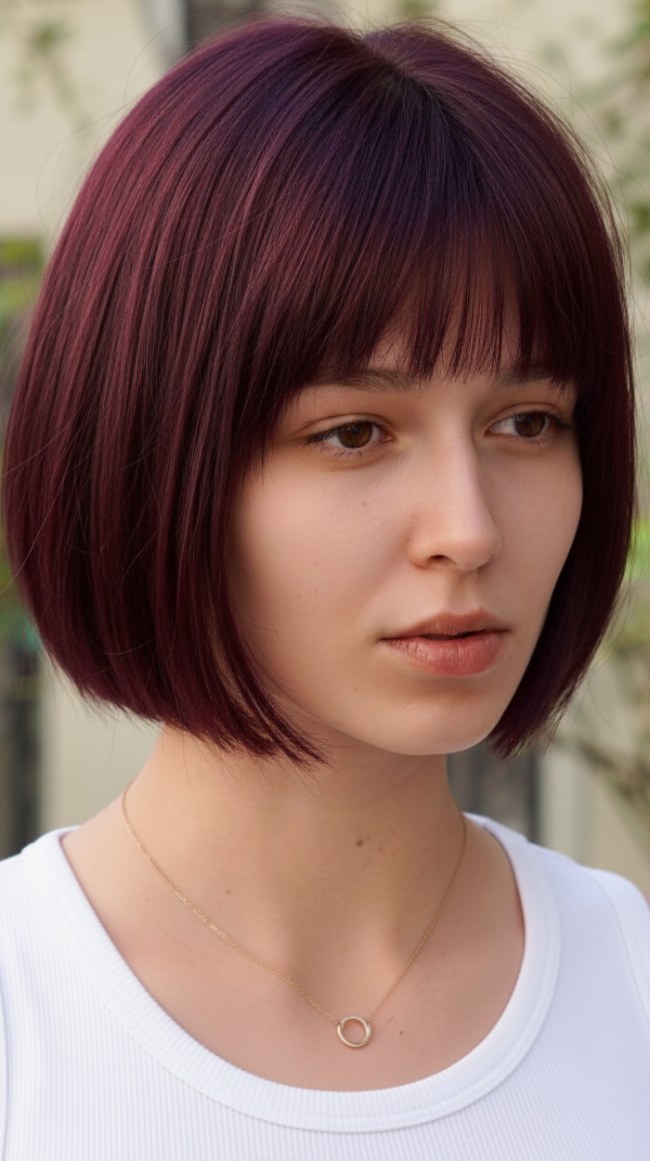 Sleek burgundy blunt bob haircut with a full fringe