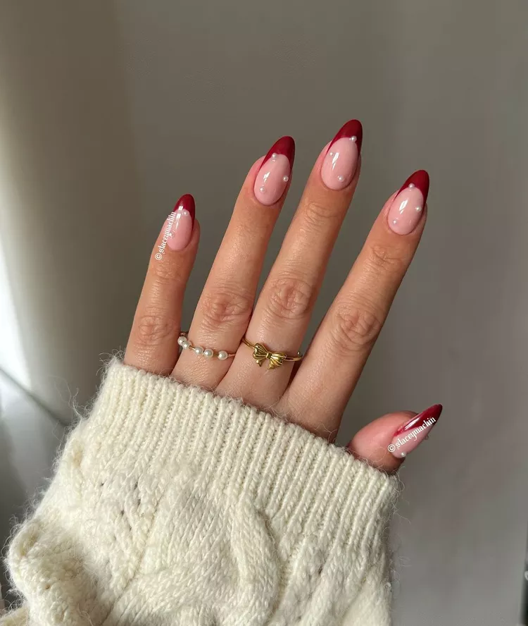 Burgundy chrome french tip nails on almond shape