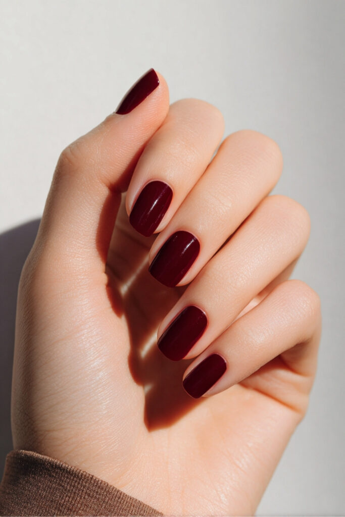 Matte Burgundy: a wine-red matte on almond nails