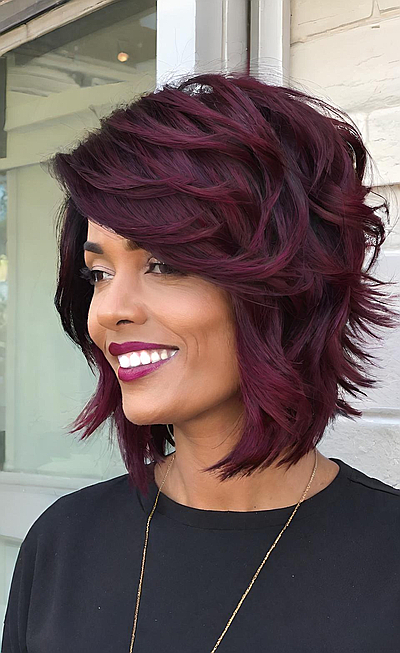 Choppy layered burgundy bob