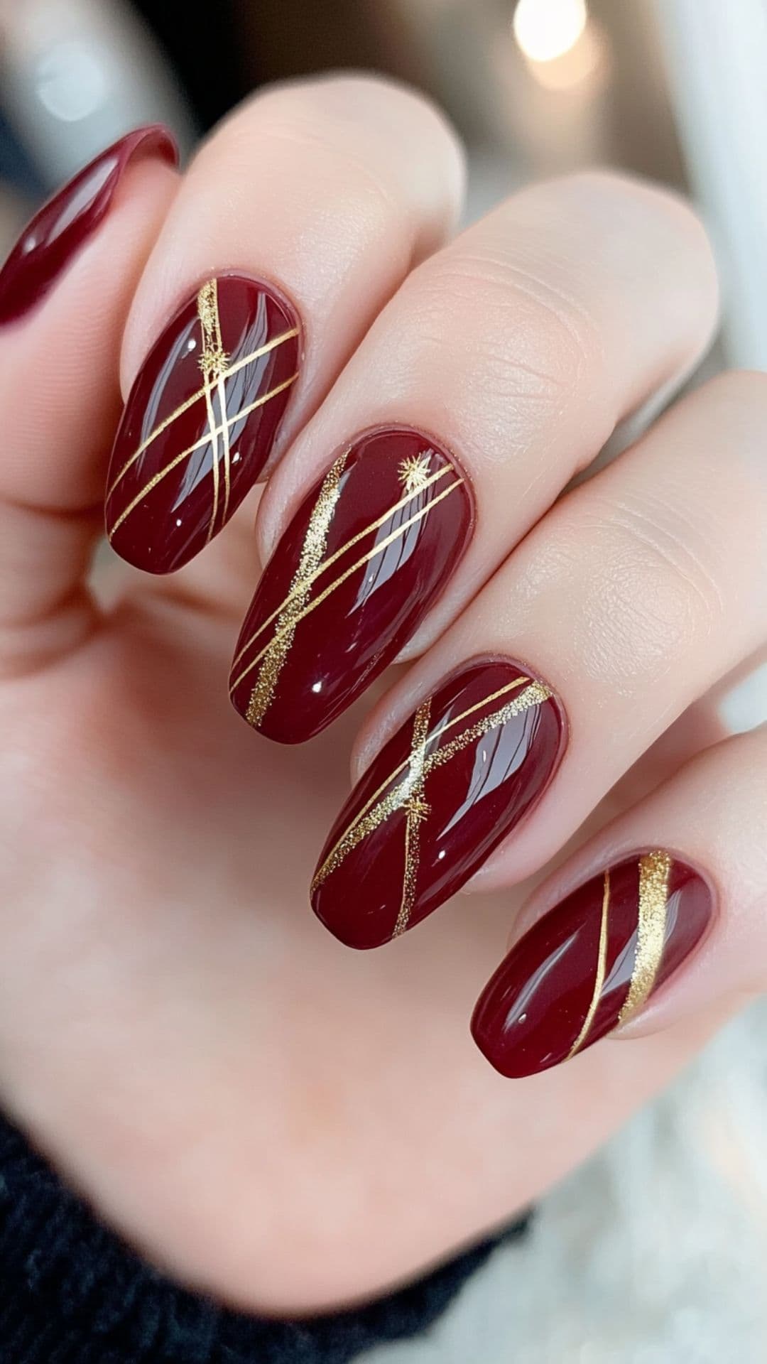 Almond-shaped deep burgundy nails with thin gold stripe accents