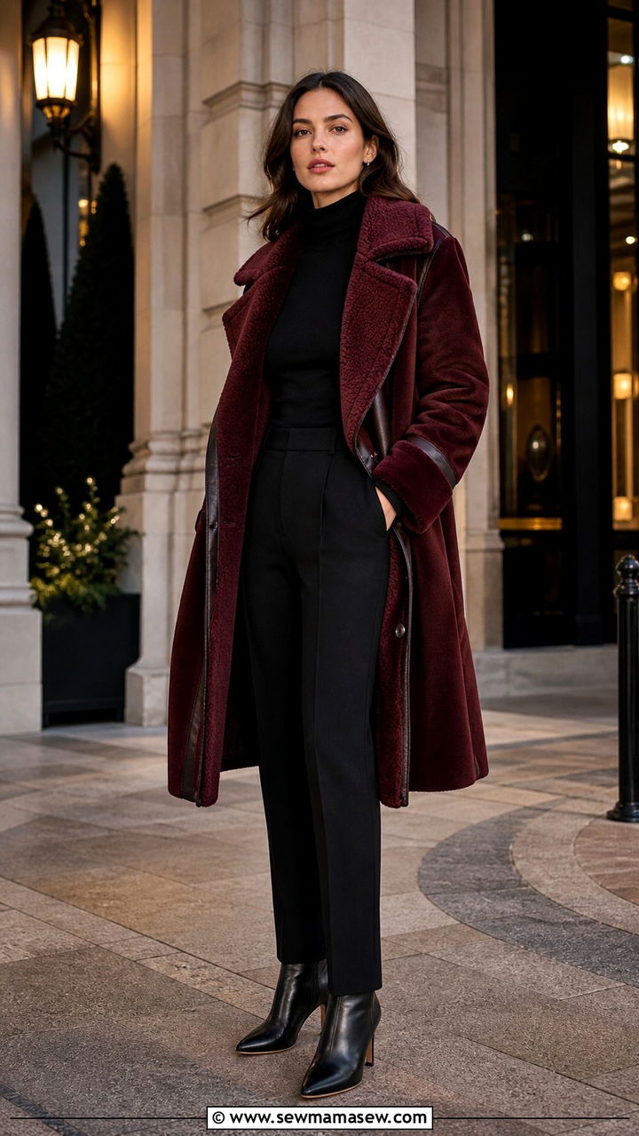 Woman wearing a burgundy shearling coat over a black outfit