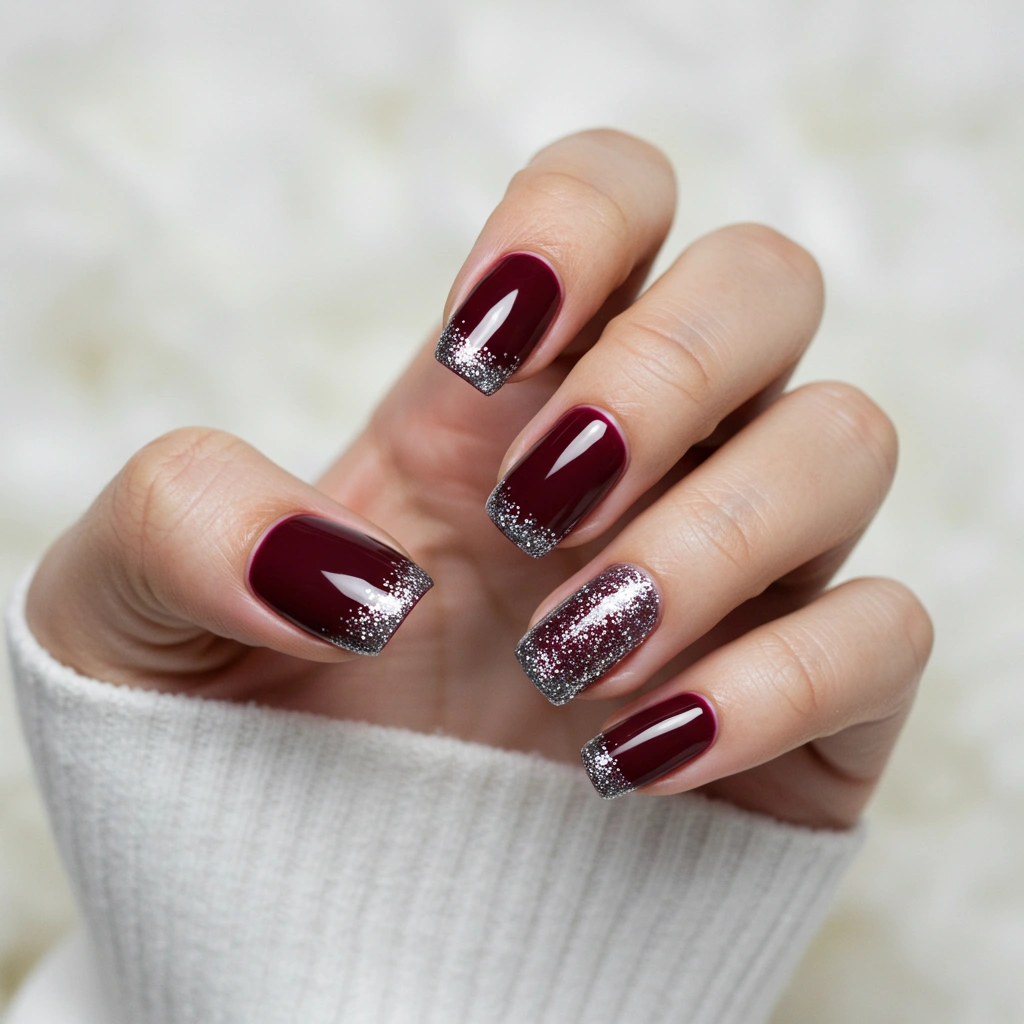 Stiletto merlot nails with silver glitter gradient tips