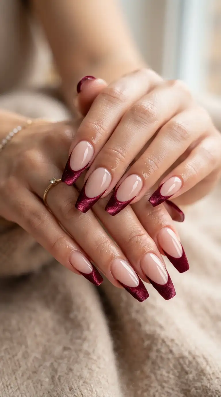 Burgundy French tips on long coffin-shaped nails