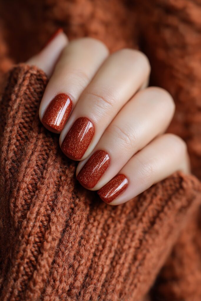 Copper Sparkle: copper shimmer on almond nails