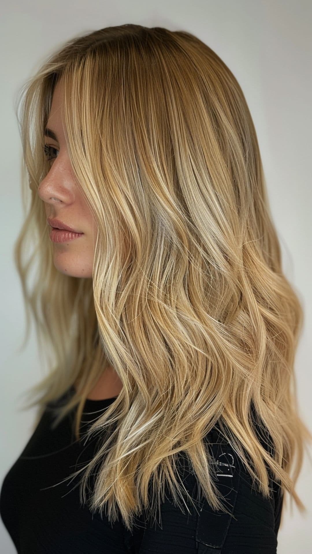 Butterscotch-blonde hair with creamy warm tones and soft waves