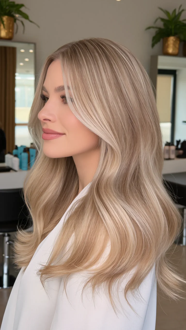 Creamy butter blonde layered medium-length hair, side view