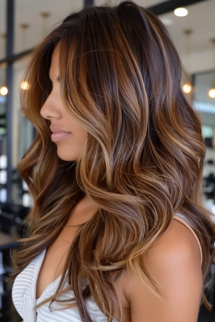 Long deep brunette hair with golden caramel balayage and beachy waves