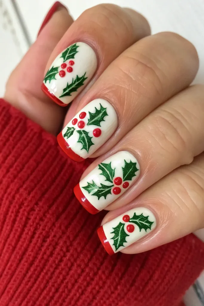 Cream nails with red French tips and hand-painted holly leaves with red berries