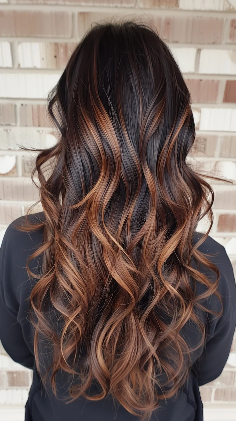 Dark chocolate brown hair with bright copper penny balayage highlights