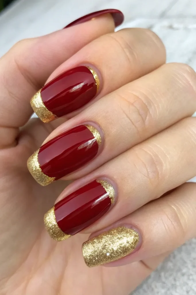 Medium square nails in cherry red with gold glitter French tips and one full gold glitter accent nail
