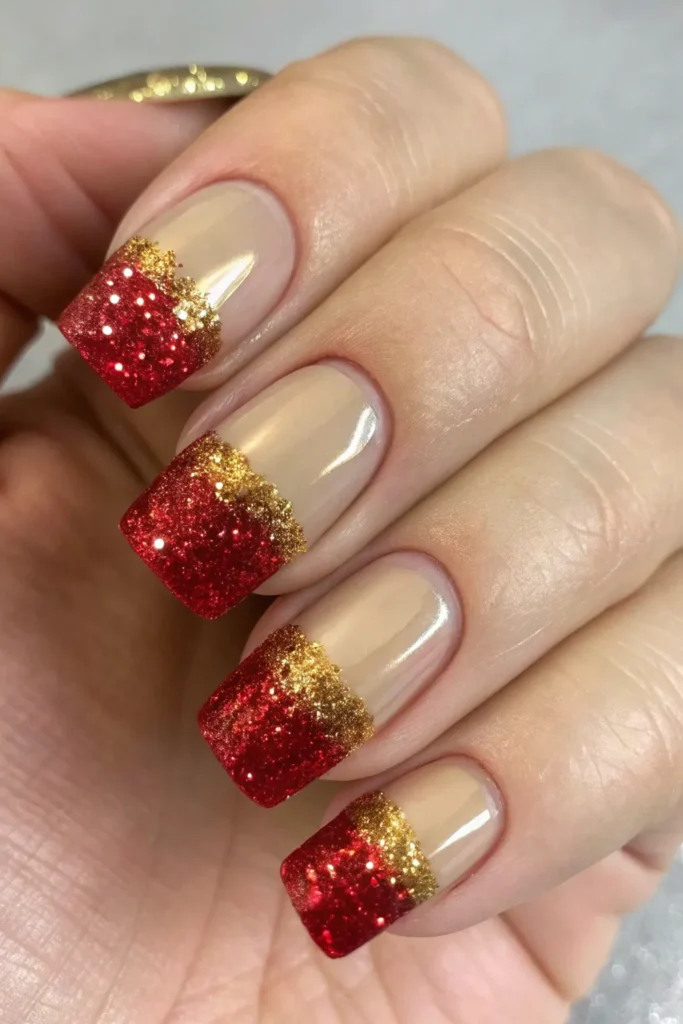 Short square nude nails with red glitter French tips and gold glitter smile lines
