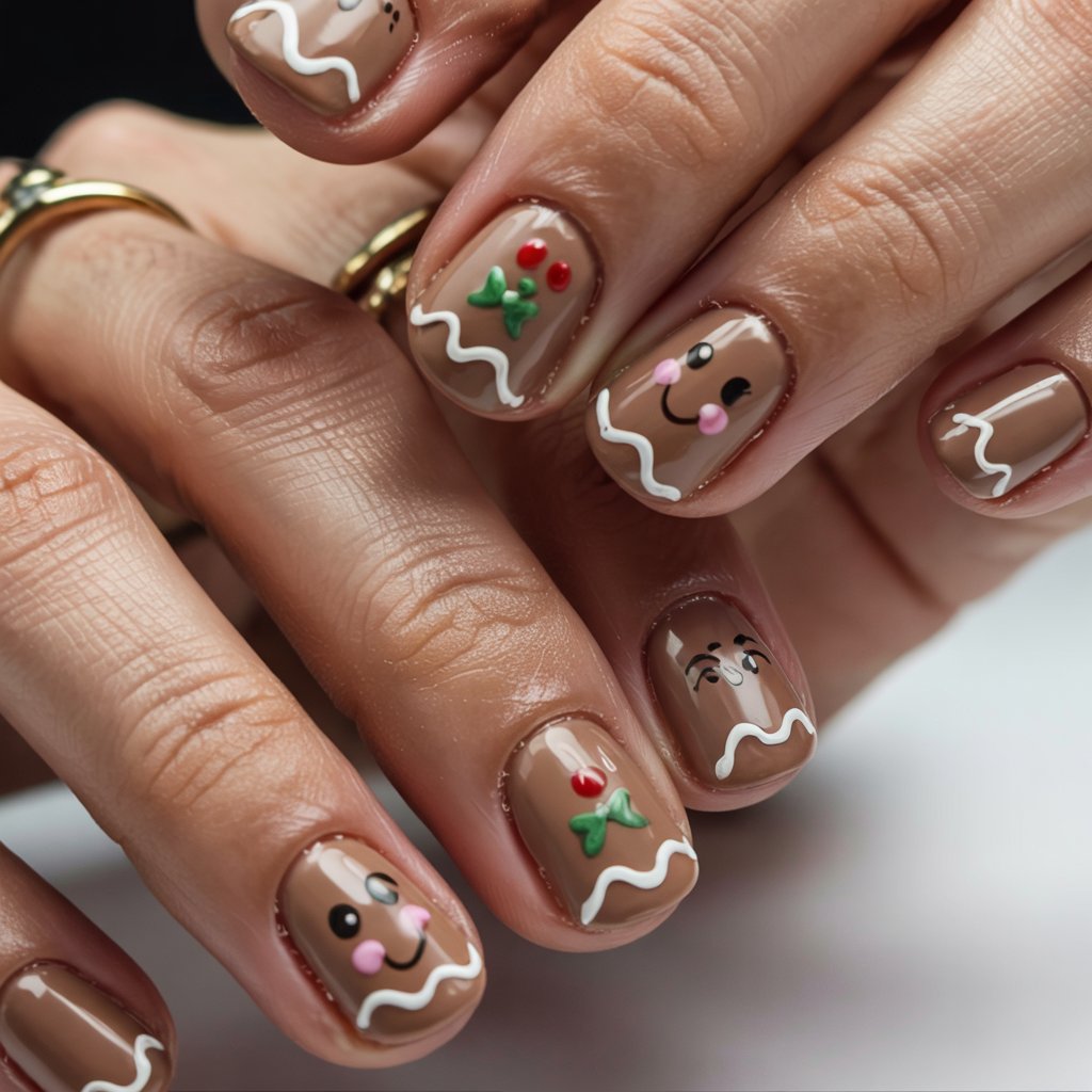 Short square caramel brown nails with gingerbread cookie nail art