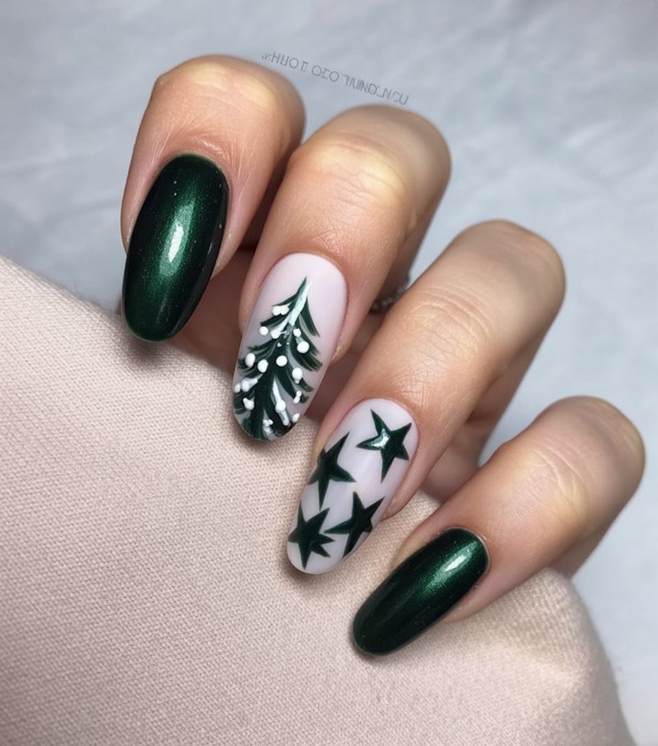 Almond-shaped nails: deep emerald green metallic base with a hand-painted Christmas tree and white stars